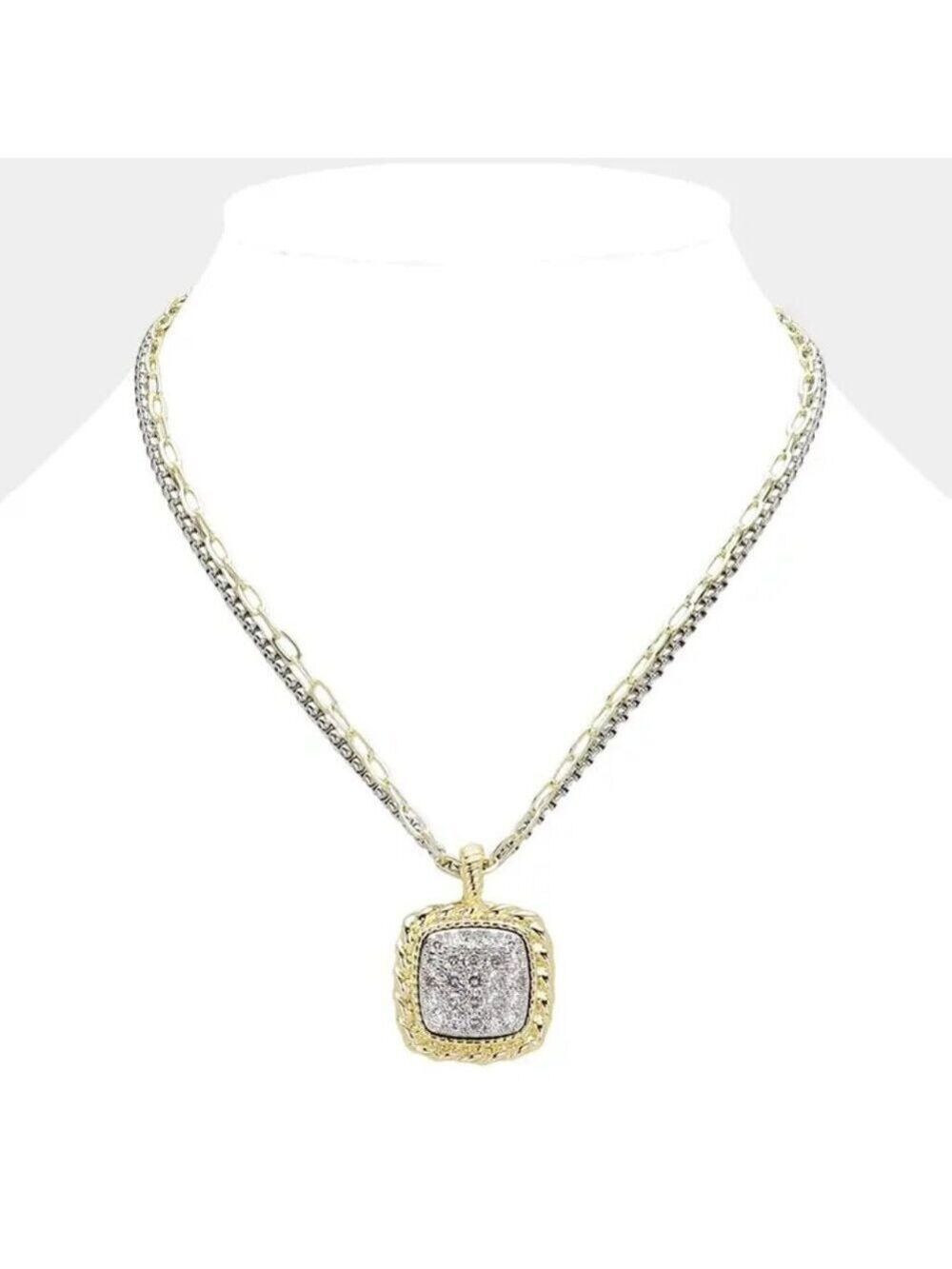 Stunning 14K Gold Plated CZ Stone Paved Square Pendant Necklace